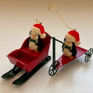 Vintage Pair of Penguin on Scooter Metal Sled Sleigh Christmas Ornaments Avon